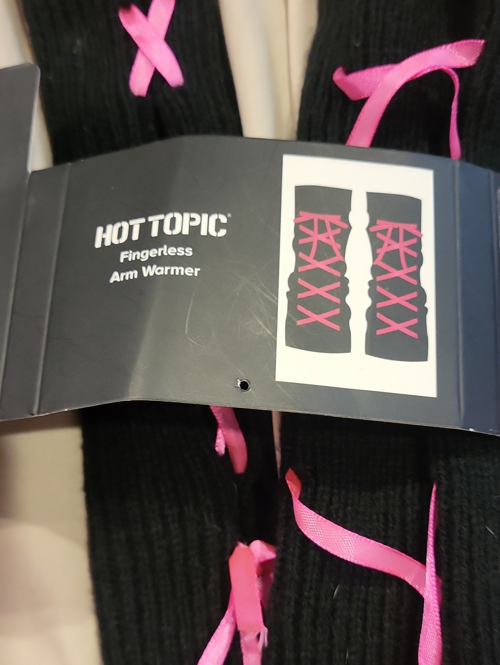 Hot Topic Black Fingerless Arm Warmers with Pink Lace-Up Ribbons